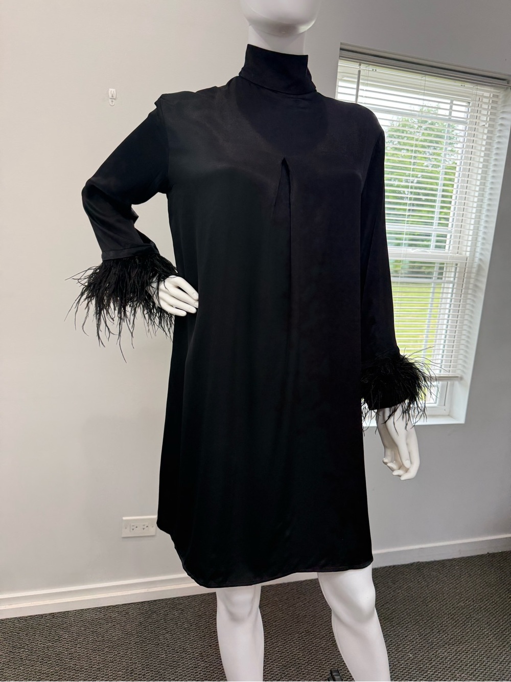 Sleeper Black Mini Dress with Feathery Cuffs - Picture 7 of 11